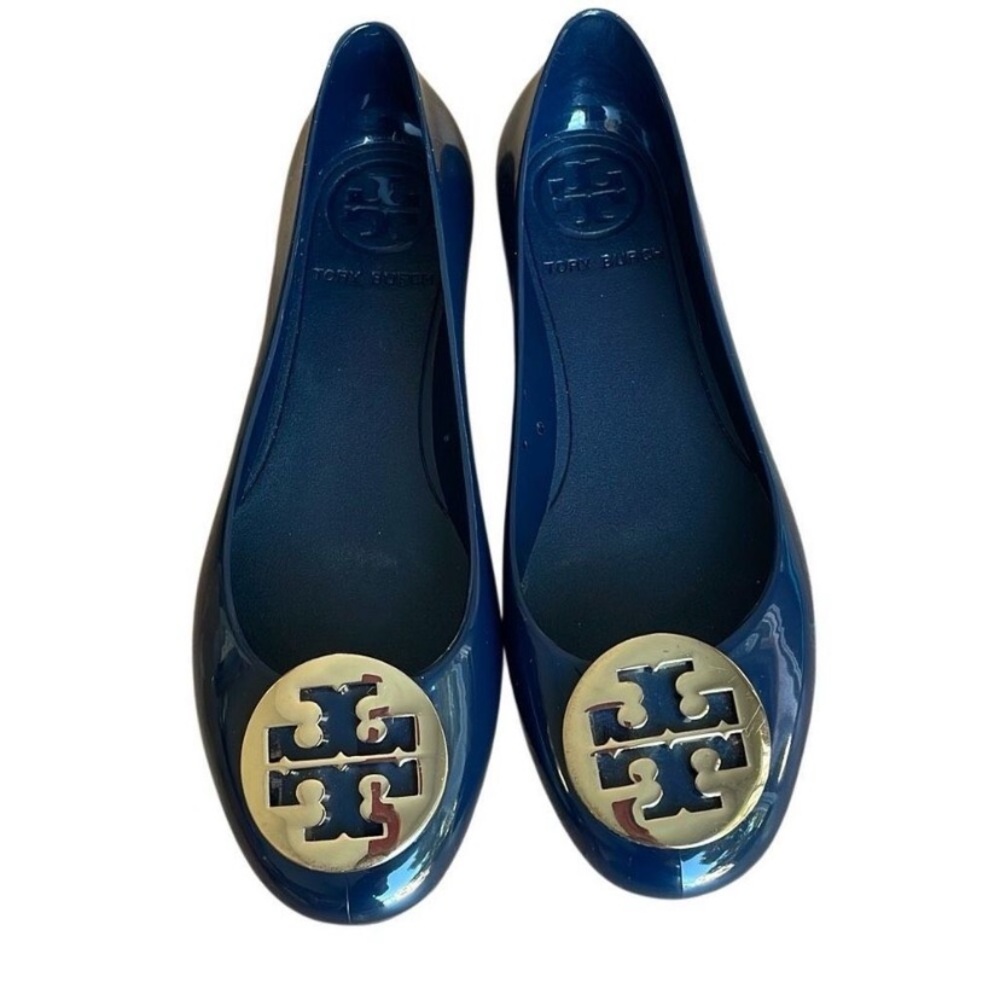 On Hold Tory Burch Blue  jelly Flats with Iconic Logo EUC